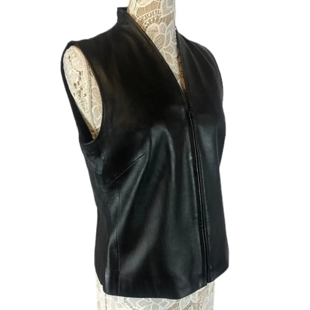 Vintage Mixit lambskin black leather lined V neck vest, zipper closing size 12T